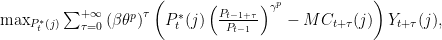 \max_{P^*_{t}(j)}\sum_{\tau=0}^{+\infty} \left(\beta\theta^p\right)^\tau \left( P^*_{t}(j) \left( \frac{P_{t-1+\tau}}{P_{t-1}} \right)^{\gamma^p} - MC_{t+\tau}(j) \right) Y_{t+\tau}(j),