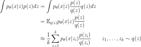 \begin{aligned}\int p_\theta(x|z) p(z) dz &= \int p_\theta(x|z) \frac{p(z)}{q(z)} q(z) dz \\ &= \mathbb{E}_{q(z)}p_\theta(x|z) \frac{p(z)}{q(z)} \\&\approx \frac{1}{k}\sum_{i=1}^k p_\theta(x|z_i)\frac{p(z_i)}{q(z_i)} \qquad z_1, \ldots, z_k \sim q(z) \end{aligned}