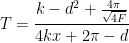 \displaystyle T=\frac{k-{{d}^{2}}+\frac{4\pi }{\sqrt{4F}}}{4kx+2\pi -d}