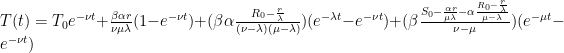 T(t) = T_0 e^{-\nu t} + \frac{\beta \alpha r}{\nu \mu \lambda}(1 - e^{-\nu t}) + (\beta \alpha \frac{R_0 - \frac{r}{\lambda}}{(\nu - \lambda)(\mu - \lambda)})(e^{-\lambda t} - e^{-\nu t}) + (\beta \frac{S_0 - \frac{\alpha r}{\mu \lambda} - \alpha \frac{R_0 - \frac{r}{\lambda}}{\mu - \lambda}}{\nu - \mu})(e^{-\mu t} - e^{-\nu t})