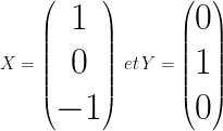 \Huge  X = \begin{pmatrix} 1 \\ 0 \\ -1 \end{pmatrix} \, et \,  Y = \begin{pmatrix} 0 \\ 1 \\ 0 \end{pmatrix} 