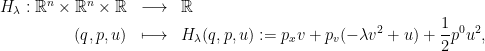\begin{array}{rcl}  H_\lambda:\mathbb{R}^n\times\mathbb{R}^n\times\mathbb{R} & \longrightarrow & \mathbb{R} \\  (q,p,u) & \longmapsto & \displaystyle H_\lambda(q,p,u) := p_{x} v + p_{v} (-\lambda v^2 + u) + \frac{1}{2} p^0 u^2,  \end{array}  