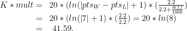 \begin{array}{rl}  K * mult = & 20 * (ln(\left|pts_{W}-pts_{L}\right|+1) * (\frac{2.2}{2.2+\frac{diff}{1000}}) \\  = & 20 * (ln(\left|7\right|+1) * (\frac{2.2}{2.2}) = 20 * ln(8) \\  = & ~41.59.  \end{array}  