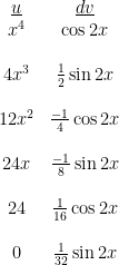 \begin{matrix} \underline{u} & \underline{dv} \\ x^4 & \cos 2x \\ \text{ } \\4x^3 & \frac{1}{2} \sin 2x \\ \text{ } \\12x^2 & \frac{-1}{4} \cos 2x \\ \text{ } \\24x & \frac{-1}{8} \sin 2x \\ \text{ } \\24 & \frac{1}{16} \cos 2x \\ \text{ } \\0 & \frac{1}{32} \sin 2x \end{matrix} 