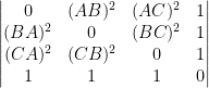 \begin{vmatrix} 0 & (AB)^2 & (AC)^2 & 1 \\ (BA)^2 & 0 & (BC)^2 & 1 \\ (CA)^2 & (CB)^2 & 0 & 1 \\ 1 & 1 & 1 & 0 \end{vmatrix}