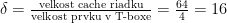 \delta = \frac{\text{velkost cache riadku}}{\text{velkost prvku v T-boxe}}=\frac{64}{4}=16