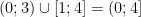 displaystyle left( 0;3 right)cup left[ 1;4 right]=left( 0;4 right]