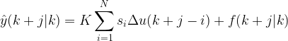 \displaystyle  \hat{y} (k + j |k) = K \sum ^{N} _{i=1} s_i \Delta u (k +j -i) + f (k +j |k) 