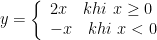 displaystyle y=left{ begin{array}{l}2xquad khi xge 0\-xquad khi x<0end{array} right.