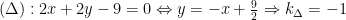 left( Delta  right):2x+2y-9=0Leftrightarrow y=-x+frac{9}{2}Rightarrow {{k}_{Delta }}=-1