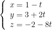 left{ begin{array}{l}x=1-t\y=3+2t\z=-2-8tend{array} right.