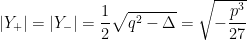 \left\vert Y_{+}\right\vert =\left\vert Y_{-}\right\vert =\dfrac{1}{2}\sqrt{q^{2}-\Delta }=\sqrt{-\dfrac{p^{3}}{27}}