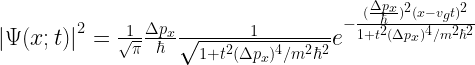 \left|\Psi(x;t)\right|^2=\frac{1}{\sqrt{\pi}}\frac{\Delta p_x}{\hbar}\frac{1}{\sqrt{1 + t^2(\Delta p_x)^4/m^2\hbar^2}}e^{-\frac{(\frac{\Delta p_x}{\hbar})^2(x - v_gt)^2}{1 + t^2(\Delta p_x)^4/m^2\hbar^2}}