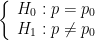 \left \{ \begin{array}{c} H_0 : p = p_0 \\ H_1 : p \ne p_0 \\ \end{array} \right. 