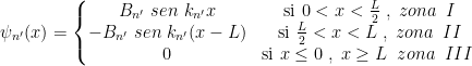 \psi_{n'}(x) = \left \{ \begin{matrix} B_{n'}\ sen\ k_{n'} x & \mbox{si } 0 < x < \frac{L}{2} \; , \; zona \; \; I \\ -B_{n'}\ sen\ k_{n'} (x-L) & \mbox{si } \frac{L}{2} < x < L \; , \; zona \; \; II \\ 0 & \mbox{si } x \le 0\; ,\; x \ge L \; \; zona \; \; III \; \end{matrix}\right. 