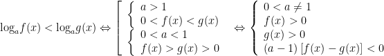 {{log }_{a}}f(x)<{{log }_{a}}g(x)Leftrightarrow left[ begin{array}{l}left{ begin{array}{l}a>1\0<f(x)<g(x)end{array} right.\left{ begin{array}{l}0<a<1\f(x)>g(x)>0end{array} right.end{array} right.Leftrightarrow left{ begin{array}{l}0<ane 1\f(x)>0\g(x)>0\(a-1)left[ f(x)-g(x) right]<0end{array} right.