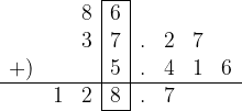  \begin{tabular}{ccc|c|ccccc} \cline{4-4}  & &8&6& & & & \\  & &3&7&.&2&7& \\  +) & & &5&.&4&1&6\\ \hline  &1&2&8&.&7& & \\ \cline{4-4} \end{tabular} 