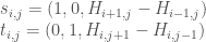   s_{i,j} = (1, 0, H_{i+1,j}-H_{i-1,j})  \\  t_{i,j} = (0, 1, H_{i, j+1}-H_{i,j-1})  