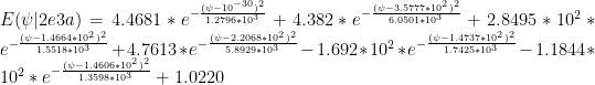  E(\psi|2e3a) = 4.4681 * e^{-\frac{(\psi-10^{-30})^2}{1.2796*10^3}} + 4.382 * e^{-\frac{(\psi-3.5777 * 10^2)^2}{6.0501*10^3}} + 2.8495 * 10^2 * e^{-\frac{(\psi-1.4664 * 10^2)^2}{1.5518*10^3}} + 4.7613 * e^{-\frac{(\psi-2.2068 * 10^2)^2}{5.8929*10^3}} - 1.692 * 10^2 * e^{-\frac{(\psi-1.4737 * 10^2)^2}{1.7425*10^3}} - 1.1844 * 10^2 * e^{-\frac{(\psi-1.4606 * 10^2)^2}{1.3598*10^3}} + 1.0220