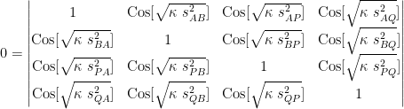0 = \begin{vmatrix} 1 & \text{Cos}[\sqrt{\kappa~s^2_{AB}}] & \text{Cos}[\sqrt{\kappa~s^2_{AP}}] & \text{Cos}[\sqrt{\kappa~s^2_{AQ}}] \\ \text{Cos}[\sqrt{\kappa~s^2_{BA}}] & 1 & \text{Cos}[\sqrt{\kappa~s^2_{BP}}] & \text{Cos}[\sqrt{\kappa~s^2_{BQ}}] \\ \text{Cos}[\sqrt{\kappa~s^2_{PA}}] & \text{Cos}[\sqrt{\kappa~s^2_{PB}}] & 1 & \text{Cos}[\sqrt{\kappa~s^2_{PQ}}] \\ \text{Cos}[\sqrt{\kappa~s^2_{QA}}] & \text{Cos}[\sqrt{\kappa~s^2_{QB}}] & \text{Cos}[\sqrt{\kappa~s^2_{QP}}] & 1 \end{vmatrix}