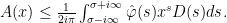 A(x)\leq \frac{1}{2i\pi}\int_{\sigma-i\infty}^{\sigma+i\infty}{\hat{\varphi}(s)x^sD(s)ds}.