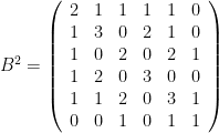 B^2=\left(\begin{array}{cccccc}2&1&1&1&1&0\\1&3&0&2&1&0\\1&0&2&0&2&1\\1&2&0&3&0&0\\1&1&2&0&3&1\\0&0&1&0&1&1\end{array}\right)
