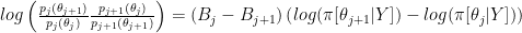 log \left( \frac{  p_{j} (\theta_{j+1} )}  {   p_{j}(\theta_{j} ) }  \frac{  p_{j+1} (\theta_{j} )}  {   p_{j+1}(\theta_{j+1} ) }    \right) =  (B_{j}-B_{j+1}) \left( log(\pi[\theta_{j+1}|Y]) - log(\pi[\theta_{j}|Y]) \right)  