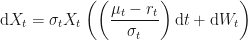 \displaystyle\textup{d}X_t = \sigma_tX_t\left(\left(\frac{\mu_t - r_t}{\sigma_t}\right)\textup{d}t + \textup{d}W_{t}\right)