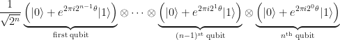 \displaystyle \frac{1}{\sqrt{2^n}} \underbrace{ \left( |0\rangle + e^{2\pi i 2^{n-1}\theta}|1\rangle\right)}_{\textup{first qubit}} \otimes \cdots \otimes \underbrace{\left(|0\rangle + e^{2\pi i 2^{1}\theta}|1\rangle\right)}_{(n-1)^{\textup{st}}\textup{ qubit}} \otimes \underbrace{\left(|0\rangle + e^{2\pi i 2^{0}\theta}|1\rangle\right)}_{n^{\textup{th}}\textup{ qubit}}