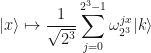 \displaystyle |x\rangle \mapsto \frac{1}{\sqrt{2^3}}\sum_{j=0}^{2^3-1} \omega_{2^3}^{jx} |k\rangle 