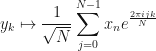 \displaystyle y_k \mapsto \frac{1}{\sqrt{N}}\sum_{j=0}^{N-1} x_n e^{\frac{2\pi ijk}{N}} 