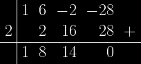 \left. \begin{array}{c|crrrr}&1&6&-2&-28\\2&&2&16&28&+\\ \hline &1&8&14&0\end{array}\right. 