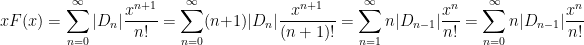 xF(x) = \displaystyle \sum_{n = 0}^{\infty} |D_n| \dfrac{x^{n+1}}{n!} = \displaystyle \sum_{n = 0}^{\infty} (n+1)|D_n| \dfrac{x^{n+1}}{(n+1)!}  = \displaystyle \sum_{n = 1}^{\infty} n |D_{n-1}| \dfrac{x^{n}}{n!} = \displaystyle \sum_{n = 0}^{\infty} n |D_{n-1}| \dfrac{x^{n}}{n!} 