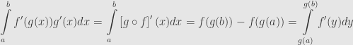 \displaystyle\int\limits_a^bf'(g(x))g'(x)dx=\int\limits_a^b\left[g\circ f\right]'(x)dx=f(g(b))-f(g(a))=\int\limits_{g(a)}^{g(b)}f'(y)dy