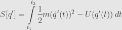 \displaystyle S[q']=\int\limits_{t_1}^{t_2}\frac{1}{2}m(\dot{q}'(t))^2-U(q'(t))\,dt
