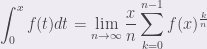 \displaystyle{\int_{0}^{x}f(t)dt=\lim_{n\rightarrow\infty}\frac{x}{n}\sum_{k=0}^{n-1}f(x)^{\frac{k}{n}}}