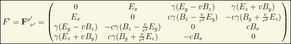 \boxed{F'=\mathbf{F}^{\mu'}_{\;\; \nu'}=\begin{pmatrix}0& E_x& \gamma (E_y-vB_z)& \gamma (E_z+vB_y)\\ E_x & 0 & c\gamma(B_z-\frac{v}{c^2}E_y) & -c\gamma (B_y+\frac{v}{c^2}E_z)\\ \gamma (E_y-vB_z)& -c\gamma (B_z-\frac{v}{c^2}E_y) & 0 & cB_x\\ \gamma (E_z+vB_y) & c\gamma (B_y+\frac{v}{c^2}E_z)& -cB_x& 0\end{pmatrix}}