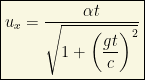 \boxed{u_x=\dfrac{\alpha t}{\sqrt{1+\left(\dfrac{g t}{c}\right)^2}}}