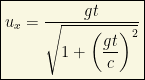 \boxed{u_x=\dfrac{g t}{\sqrt{1+\left(\dfrac{g t}{c}\right)^2}}}