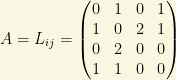 A=L_{ij}=\begin{pmatrix}0 & 1 & 0 & 1\\ 1 & 0 & 2 & 1\\ 0 & 2 & 0 & 0\\ 1 & 1& 0 & 0\end{pmatrix}