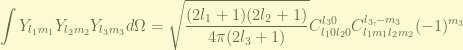 \displaystyle \int Y_{l_1m_1}Y_{l_2m_2} Y_{l_3m_3} d\Omega = \sqrt{\frac{(2l_1+1)(2l_2+1)}{4\pi (2l_3+1)}} C_{l_10l_20}^{l_30} C_{l_1m_1l_2m_2}^{l_3,-m_3} (-1)^{m_3}