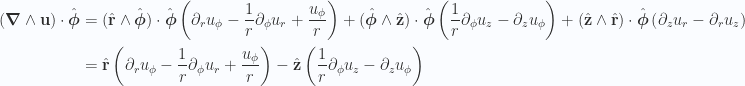\begin{aligned}(\boldsymbol{\nabla} \wedge \mathbf{u}) \cdot \hat{\boldsymbol{\phi}}&=(\hat{\mathbf{r}} \wedge \hat{\boldsymbol{\phi}}) \cdot \hat{\boldsymbol{\phi}}\left(\partial_r u_\phi-\frac{1}{{r}} \partial_\phi u_r+ \frac{u_\phi}{r}\right)+(\hat{\boldsymbol{\phi}} \wedge \hat{\mathbf{z}}) \cdot \hat{\boldsymbol{\phi}}\left(\frac{1}{{r}} \partial_\phi u_z- \partial_z u_\phi\right)+(\hat{\mathbf{z}} \wedge \hat{\mathbf{r}}) \cdot \hat{\boldsymbol{\phi}}\left(\partial_z u_r - \partial_r u_z\right) \\ &=\hat{\mathbf{r}}\left(\partial_r u_\phi-\frac{1}{{r}} \partial_\phi u_r+ \frac{u_\phi}{r}\right)-\hat{\mathbf{z}}\left(\frac{1}{{r}} \partial_\phi u_z- \partial_z u_\phi\right)\end{aligned} 