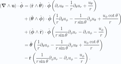 \begin{aligned}(\boldsymbol{\nabla} \wedge \mathbf{u}) \cdot \hat{\boldsymbol{\phi}}&=(\hat{\mathbf{r}} \wedge \hat{\boldsymbol{\theta}}) \cdot \hat{\boldsymbol{\phi}}\left( \partial_r u_\theta - \frac{1}{{r}} \partial_\theta u_r + \frac{u_\theta}{r}\right)\\ & +(\hat{\boldsymbol{\theta}} \wedge \hat{\boldsymbol{\phi}}) \cdot \hat{\boldsymbol{\phi}}\left(\frac{1}{{r}} \partial_\theta u_\phi - \frac{1}{{r \sin\theta}} \partial_\phi u_\theta+ \frac{u_\phi \cot\theta}{r}\right)\\ & +(\hat{\boldsymbol{\phi}} \wedge \hat{\mathbf{r}}) \cdot \hat{\boldsymbol{\phi}}\left(\frac{1}{{r \sin\theta}} \partial_\phi u_r - \partial_r u_\phi- \frac{u_\phi}{r}\right) \\ &=\hat{\boldsymbol{\theta}}\left(\frac{1}{{r}} \partial_\theta u_\phi - \frac{1}{{r \sin\theta}} \partial_\phi u_\theta+ \frac{u_\phi \cot\theta}{r}\right)\\ &-\hat{\mathbf{r}}\left(\frac{1}{{r \sin\theta}} \partial_\phi u_r - \partial_r u_\phi- \frac{u_\phi}{r}\right).\end{aligned} 