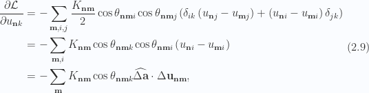 \begin{aligned}\frac{\partial {\mathcal{L}}}{\partial {u_{\mathbf{n} k}}} &= -\sum_{\mathbf{m}, i, j}\frac{K_{\mathbf{n} \mathbf{m}}}{2} \cos\theta_{\mathbf{n} \mathbf{m} i}\cos\theta_{\mathbf{n} \mathbf{m} j}\left(\delta_{i k}\left( u_{\mathbf{n} j} - u_{\mathbf{m} j} \right)+\left( u_{\mathbf{n} i} - u_{\mathbf{m} i} \right)\delta_{j k}\right) \\ &= -\sum_{\mathbf{m}, i}K_{\mathbf{n} \mathbf{m}}\cos\theta_{\mathbf{n} \mathbf{m} k}\cos\theta_{\mathbf{n} \mathbf{m} i}\left( u_{\mathbf{n} i} - u_{\mathbf{m} i} \right) \\ &= -\sum_{\mathbf{m}}K_{\mathbf{n} \mathbf{m}}\cos\theta_{\mathbf{n} \mathbf{m} k}\widehat{\Delta \mathbf{a}} \cdot \Delta \mathbf{u}_{\mathbf{n} \mathbf{m}},\end{aligned} \hspace{\stretch{1}}(2.9)