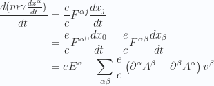 \begin{aligned}\frac{d{{(m \gamma \frac{dx^\alpha}{dt})}}}{dt} &= \frac{e}{c} F^{\alpha j} \frac{d{{x_j}}}{dt} \\ &= \frac{e}{c} F^{\alpha 0} \frac{d{{x_0}}}{dt}+\frac{e}{c} F^{\alpha \beta} \frac{d{{x_\beta}}}{dt} \\ &= e E^\alpha- \sum_{\alpha \beta} \frac{e}{c} \left( \partial^\alpha A^\beta - \partial^\beta A^\alpha\right)v^\beta \\ \end{aligned} 