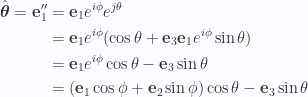 \begin{aligned}\hat{\boldsymbol{\theta}} = \mathbf{e}_1''&= \mathbf{e}_1 e^{i\phi} e^{j\theta} \\ &= \mathbf{e}_1 e^{i\phi} (\cos\theta + \mathbf{e}_3 \mathbf{e}_1 e^{i\phi} \sin\theta) \\ &= \mathbf{e}_1 e^{i\phi} \cos\theta -\mathbf{e}_3 \sin\theta \\ &= (\mathbf{e}_1 \cos\phi + \mathbf{e}_2 \sin\phi) \cos\theta -\mathbf{e}_3 \sin\theta \\ \end{aligned} 