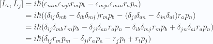 \begin{aligned}\left[{L_i},{L_j}\right]&=i \hbar ( \epsilon_{nim} \epsilon_{njb} r_m p_b - \epsilon_{mja} \epsilon_{min} r_a p_n ) \\ &=i \hbar ( (\delta_{ij} \delta_{mb} -\delta_{ib} \delta_{mj}) r_m p_b - (\delta_{ji} \delta_{an} -\delta_{jn} \delta_{ai}) r_a p_n ) \\ &=i \hbar (\delta_{ij} \delta_{mb} r_m p_b - \delta_{ji} \delta_{an} r_a p_n - \delta_{ib} \delta_{mj} r_m p_b + \delta_{jn} \delta_{ai} r_a p_n ) \\ &=i \hbar (\delta_{ij} r_m p_m- \delta_{ji} r_a p_a- r_j p_i+ r_i p_j ) \\ \end{aligned} 