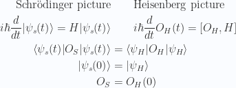 \begin{aligned}\text{Schr\"{o}dinger picture} &\qquad \text{Heisenberg picture} \\ i \hbar \frac{d}{dt} {\lvert {\psi_s(t)} \rangle} = H {\lvert {\psi_s(t)} \rangle} &\qquad i \hbar \frac{d}{dt} O_H(t) = \left[{O_H},{H}\right] \\ {\langle {\psi_s(t)} \rvert} O_S {\lvert {\psi_s(t)} \rangle} &= {\langle {\psi_H} \rvert} O_H {\lvert {\psi_H} \rangle} \\ {\lvert {\psi_s(0)} \rangle} &= {\lvert {\psi_H} \rangle} \\ O_S &= O_H(0)\end{aligned} 
