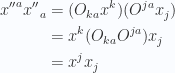 \begin{aligned}{x''}^a {x''}_a &= (O_{k a} x^k)(O^{j a} x_j) \\ &= x^k (O_{k a} O^{j a} ) x_j \\ &= x^j x_j \\ \end{aligned} 