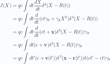 \begin{aligned}J(X) &= q c \int dt \frac{dX}{dt} \delta^4 (X - R(t)) \\ &= q c \int dt \frac{d}{dt} (c t \gamma_0 + \gamma_k X^k)\delta^4 (X - R(t)) \\ &= q c \int dt \frac{d}{dt} (c t + \mathbf{x})\delta^4 (X - R(t)) \gamma_0 \\ &= q c \int dt (c + \mathbf{v})\delta^4 (X - R(t)) \gamma_0 \\ &= q c \int dt' (c + \mathbf{v}(t'))\delta^3 (\mathbf{x} - \mathbf{r}(t')) \delta(c t' - c t) \gamma_0 \\  \end{aligned} 